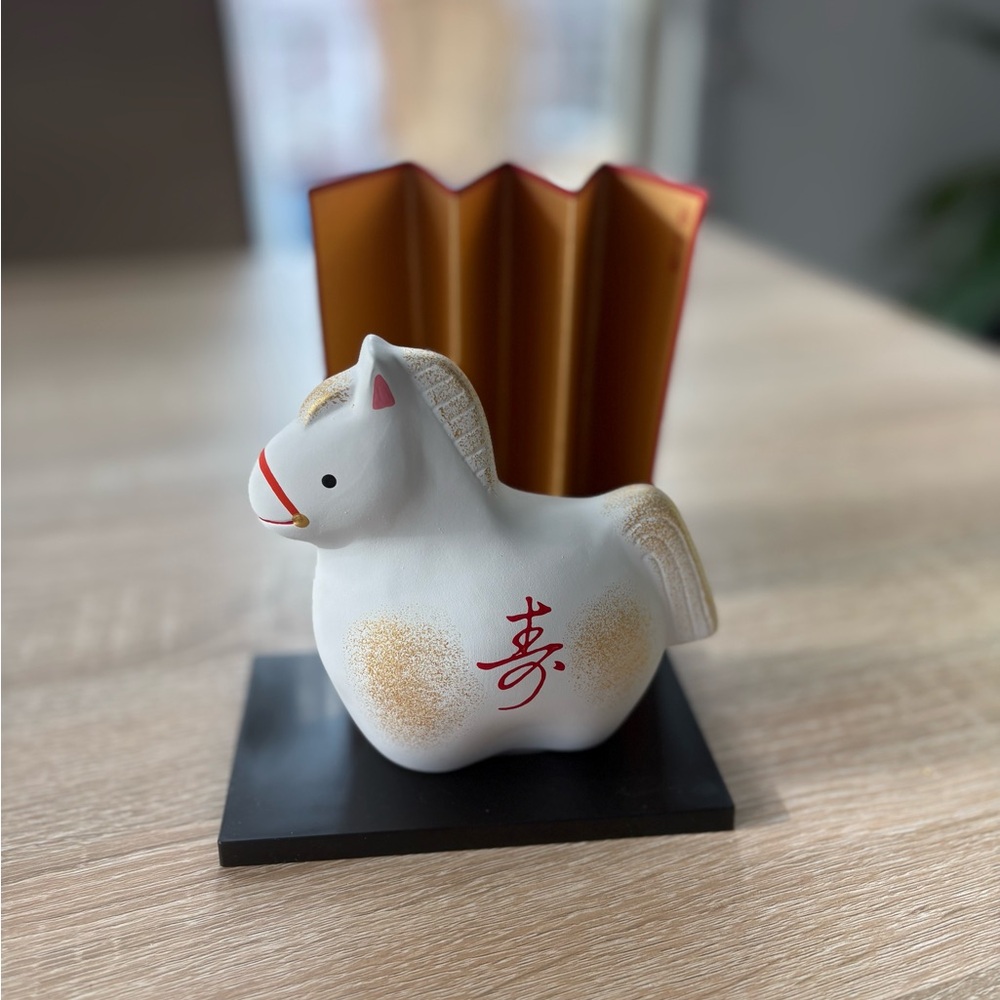 Japanese Zodiac ETO 2026 New Year of HORSE White Clay Figurine Screen Stand Set